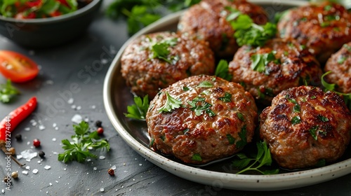 Delicious minced pork and beef cutlets on plate over light background Comfort food Top view flat lay : Generative AI photo