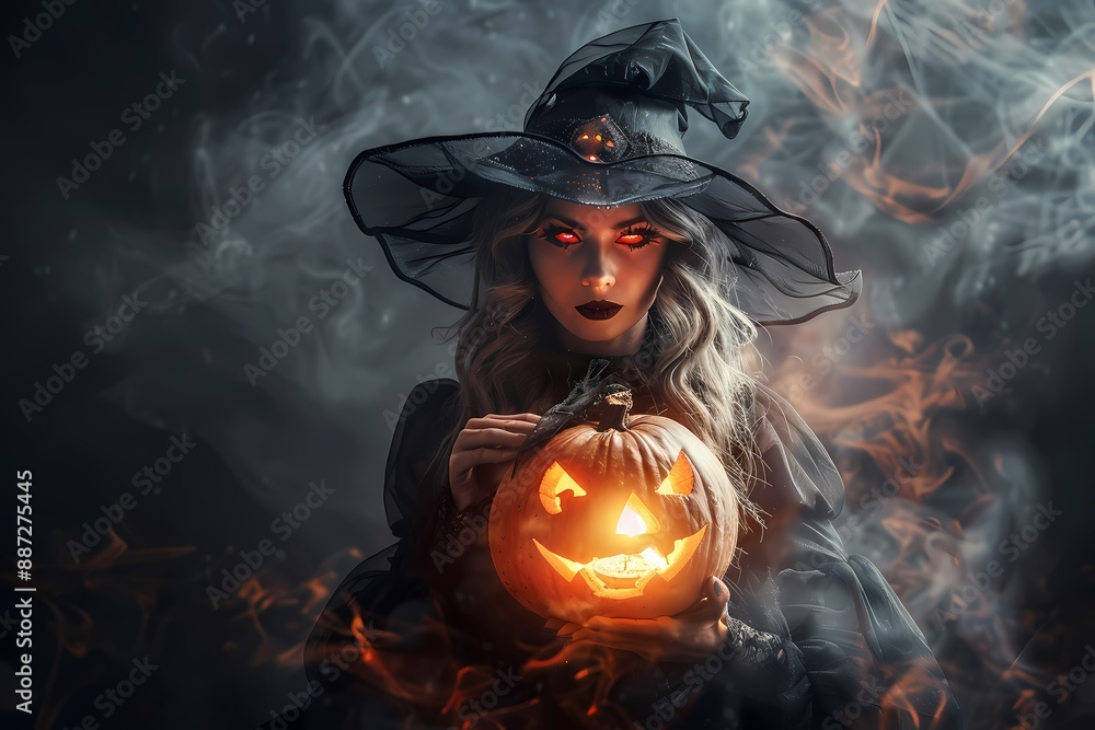 Witch holding glowing jack-o'-lantern in swirling fog, spooky Halloween setting. Witch holding glowing jack-o'-lantern in swirling fog, spooky Halloween setting.