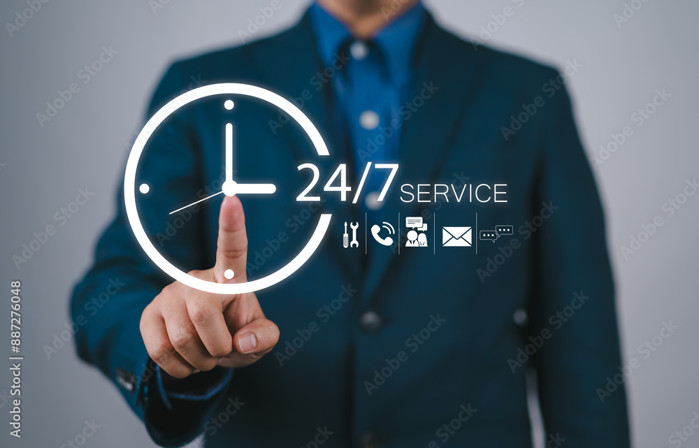 24-7 Customer Service Support concept. Businessman uses technology services through customer help center. 24-7 Customer Service Support concept. Businessman uses technology services through customer help center.