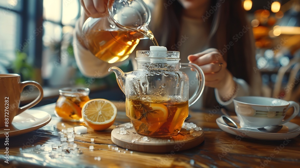 Woman adding sugar into aromatic tea at wooden table indoors closeup : Generative AI Woman adding sugar into aromatic tea at wooden table indoors closeup : Generative AI