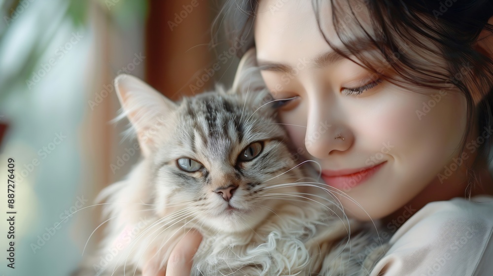 Portrait of young Asian woman holding cute cat Female hugging her cute long hair kitty Adorable pet concept : Generative AI Portrait of young Asian woman holding cute cat Female hugging her cute long hair kitty Adorable pet concept : Generative AI