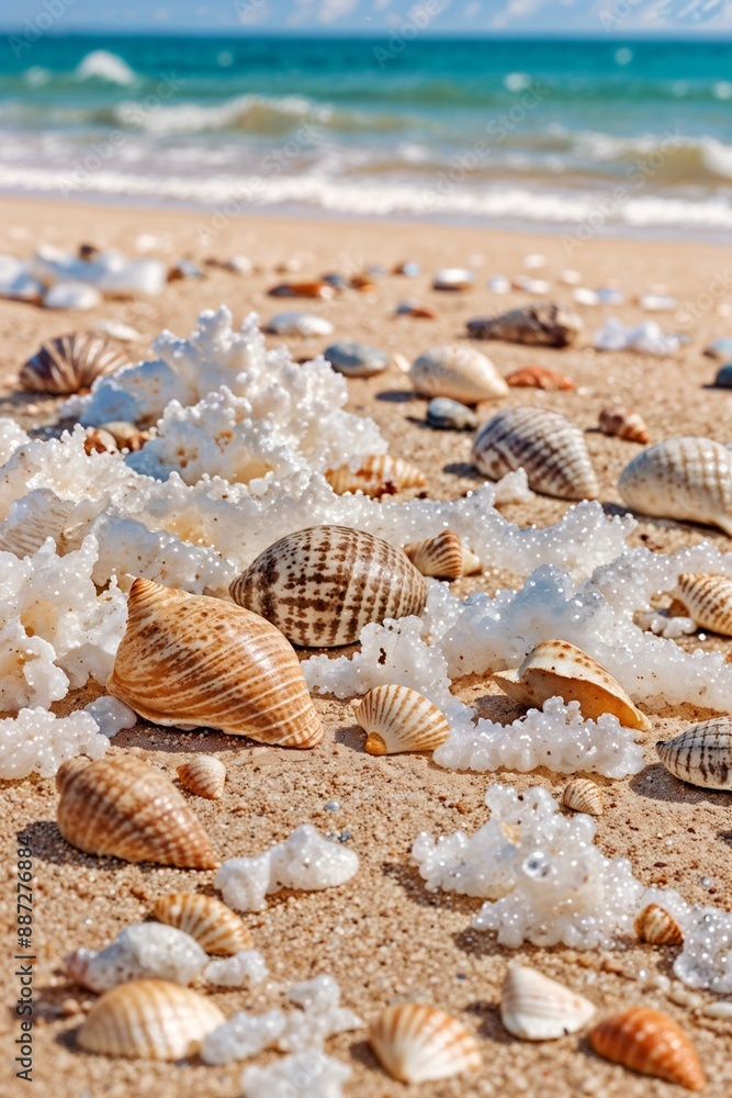 A closeup of various seashells scattered on a sandy beach, with the ocean out of focus in the background. A closeup of various seashells scattered on a sandy beach, with the ocean out of focus in the background.