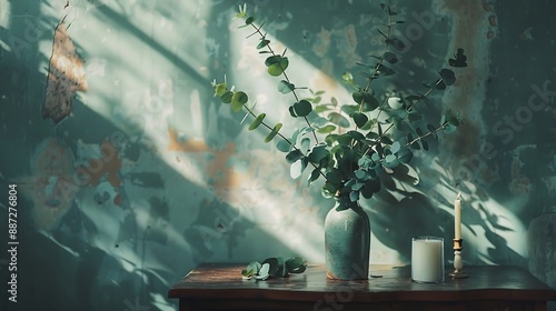 Green eucalyptus leaves in a vase stand on a chest of drawers against the background of a wall AromatherapyBeautiful eucalyptus bouquetMinimalist interior with flowers candles and arom : Generative AI photo