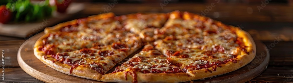Delicious cheesy pizza on wooden board with toppings in a rustic kitchen setting. Perfect for food blogs, menus, and culinary visuals. Delicious cheesy pizza on wooden board with toppings in a rustic kitchen setting. Perfect for food blogs, menus, and culinary visuals.