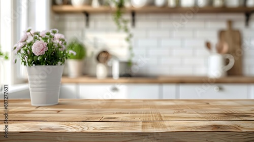 Selective focusEnd grain wood counter table top on blur white minimal kitchen backgroundFor montage product display or design key visual : Generative AI photo