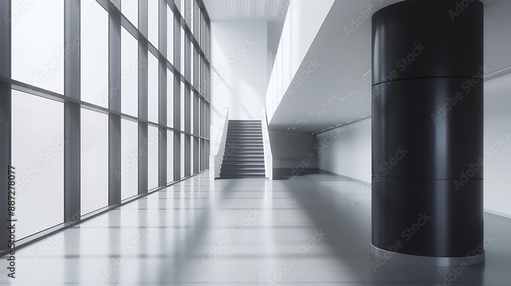Fototapeta premium Interior of long empty passage with bright windows and black column with stairway in modern penthouse : Generative AI