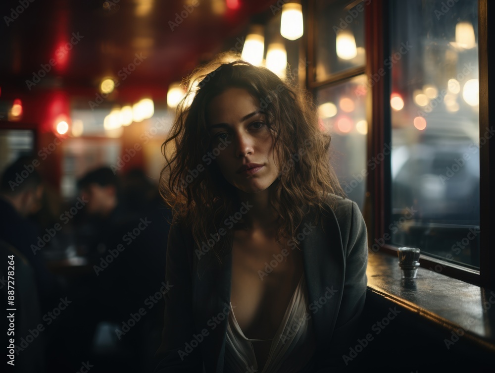 woman in dark coat looking pensive in cafe woman in dark coat looking pensive in cafe