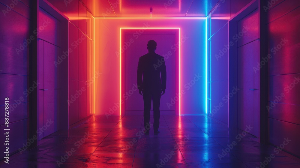 Businessman entering a dimensional rift in office wall, neon lights Businessman entering a dimensional rift in office wall, neon lights