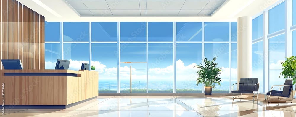 Modern Office Reception with City View Illustration Modern Office Reception with City View Illustration