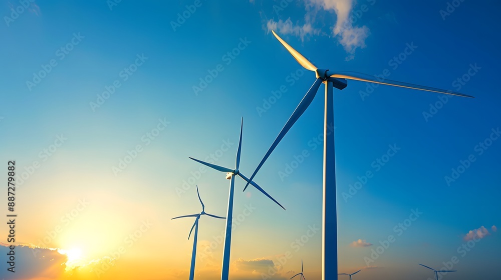 Sustainable Energy: Wind Turbine Farm Towers Against Clear Blue Sky Sustainable Energy: Wind Turbine Farm Towers Against Clear Blue Sky