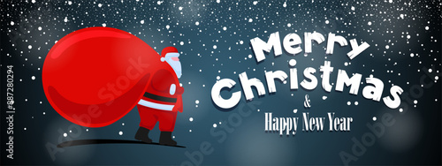 Santa Claus cartoon character coming and carries large huge heavy gifts red bag. Merry Christmas and Happy New year 2025 inscription snowy holiday greeting card. Celebration horizontal banner. Eps