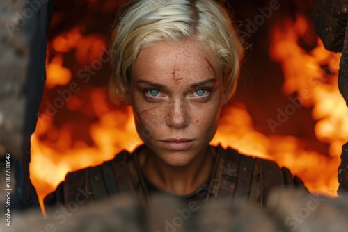 Intense gaze of a determined woman in a fiery setting © Balaraw