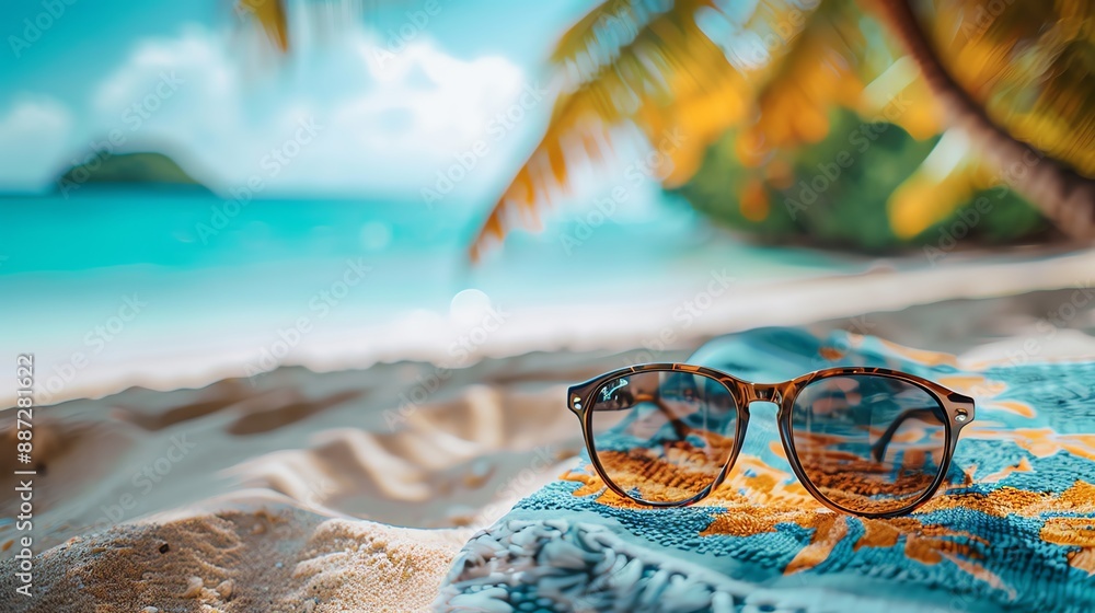 Sunglasses on beach towel with blurry ocean background. Sunglasses on beach towel with blurry ocean background.