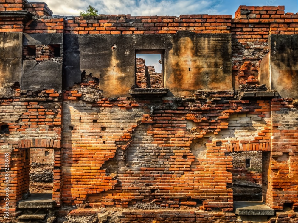Weathered, worn, and fire-scarred, the ancient brick wall stands as a ...