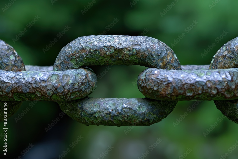 Rusted metal chain links in a green natural environment Rusted metal chain links in a green natural environment