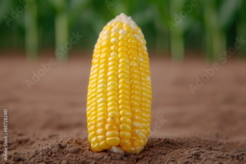 Close-up of fresh yellow corn cob on dirt photo