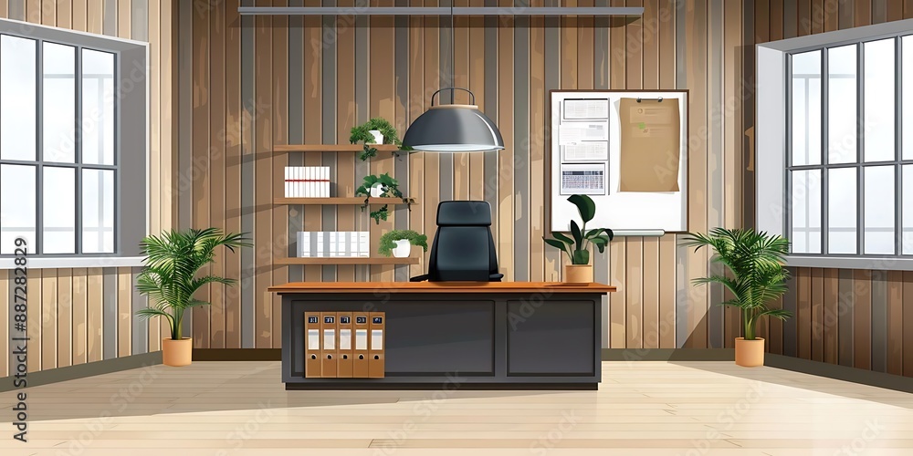 Illustration of a Modern Office Interior with Wooden Walls, a Desk, and a Chair Illustration of a Modern Office Interior with Wooden Walls, a Desk, and a Chair