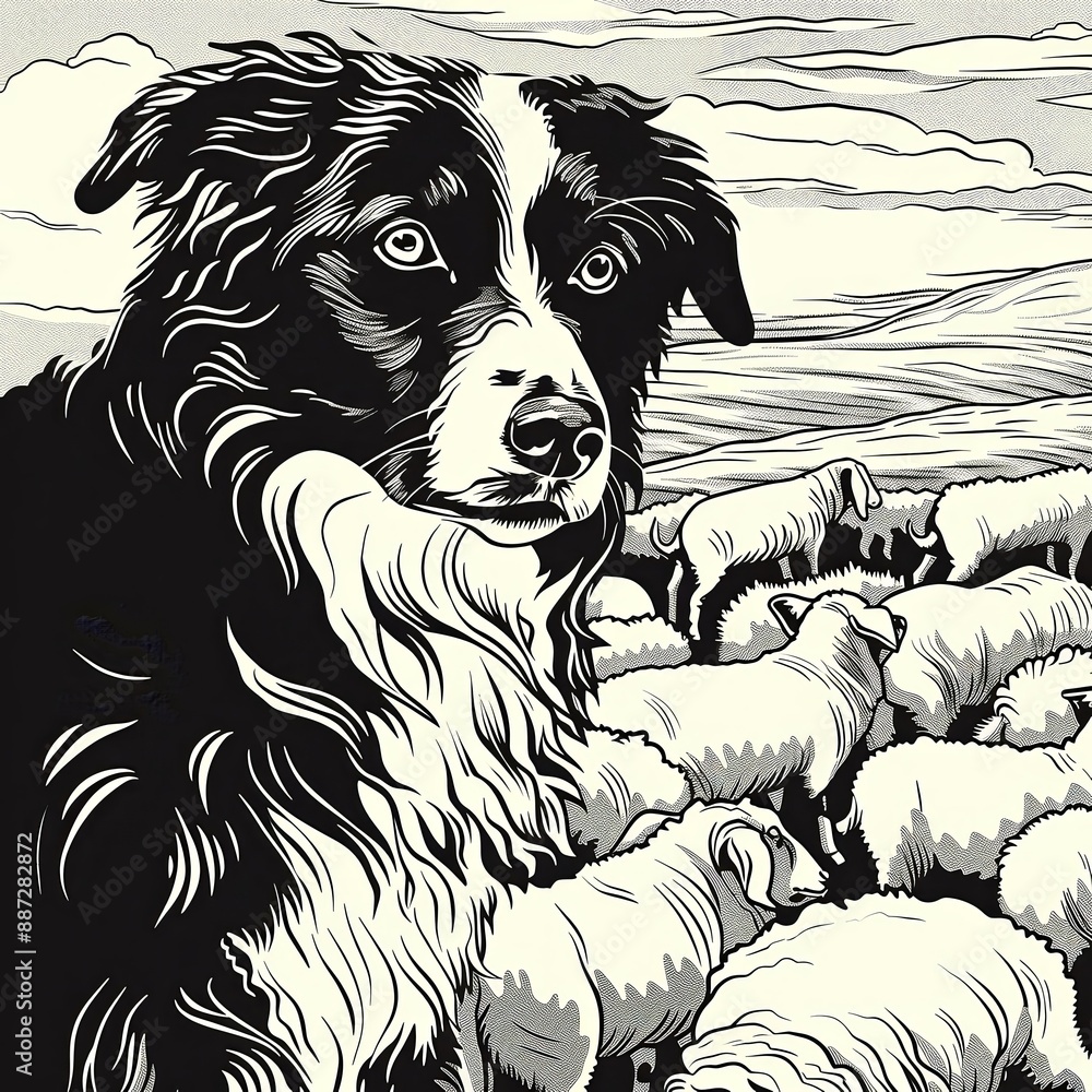 Fototapeta premium A twotone line art of a Border Collie herding shee 8 3 dog, border collie, pet, animal, collie, canine, black, white, puppy, cute, breed, border, portrait, mammal, isolated, sheepdog, domestic, pedigr