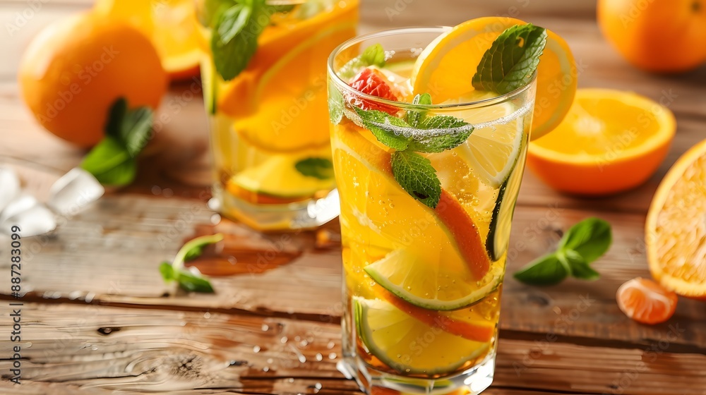 Fototapeta premium Fresh orange juice with fruits, isolated on white