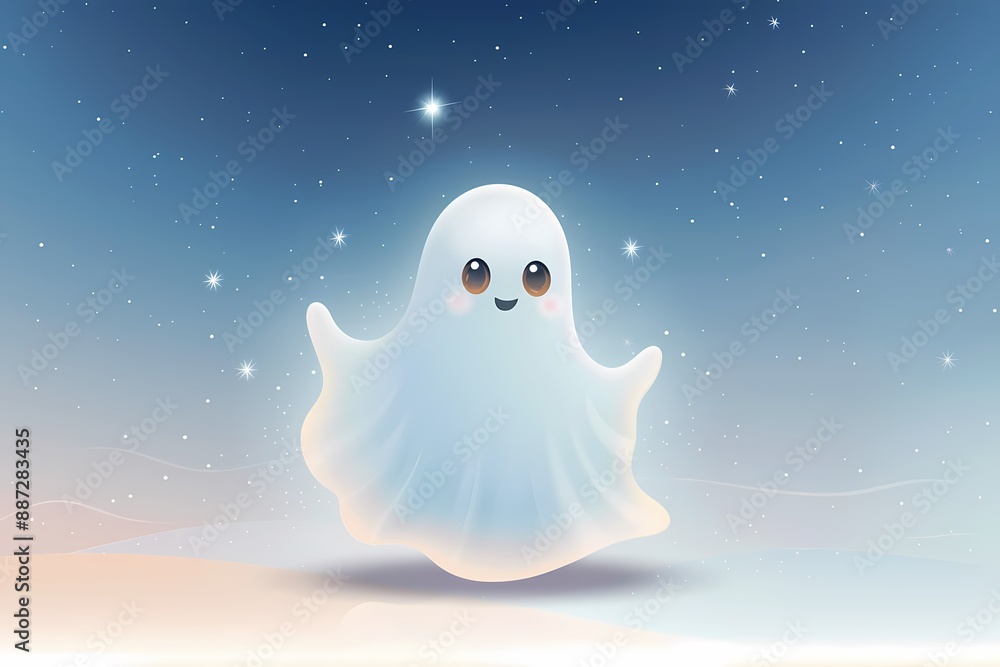 Adorable cartoon ghost with a happy smile floating in a dreamy, starry night sky. Adorable cartoon ghost with a happy smile floating in a dreamy, starry night sky.
