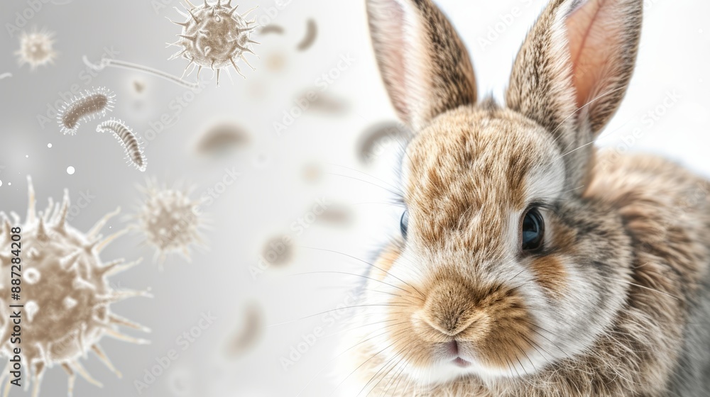 Obraz premium Adorable rabbit with microscopic bacteria, highlighting the interplay between animals and microorganisms in a visually stunning way.