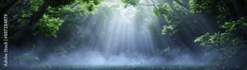 Sun rays pierce through a lush green forest, illuminating the misty atmosphere and creating a serene and magical natural scene.
