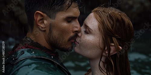 passionate couple kissing in the rain