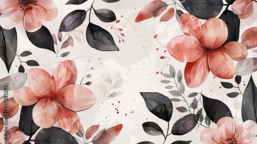Elegant floral watercolor illustration featuring peach blossoms and dark leaves on a light background, perfect for decor and design projects.