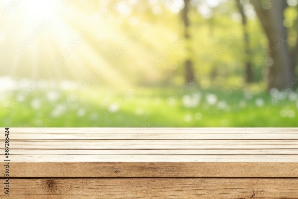 Empty wooden table top with a nature background Empty wooden table top with a nature background