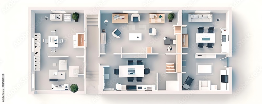 3D Illustration of a Modern Office Layout with Multiple Workspaces and a Meeting Room 3D Illustration of a Modern Office Layout with Multiple Workspaces and a Meeting Room