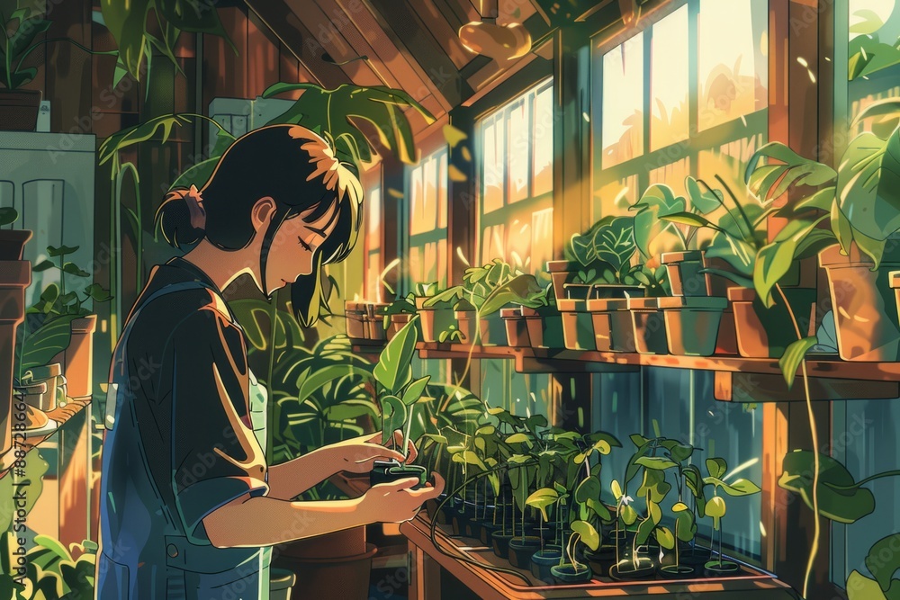 Naklejka premium Amidst rows of potted plants in a sunlit barn greenhouse. Someone tends to seedlings, their hands nurturing life amidst the wooden, Generative AI