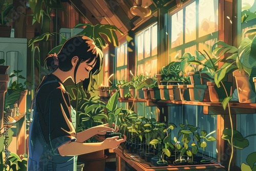 Amidst rows of potted plants in a sunlit barn greenhouse. Someone tends to seedlings, their hands nurturing life amidst the wooden, Generative AI