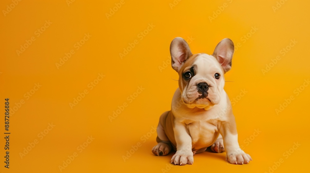 A cute Bulldog puppy sitting on a solid yellow background with space above for text A cute Bulldog puppy sitting on a solid yellow background with space above for text