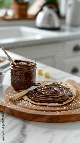 nutella chocolate spread with butter knife on top of paratha cut in thin pieces