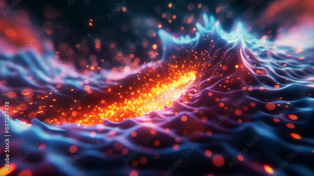 Abstract digital landscape with glowing particles and waves. Abstract digital landscape with glowing particles and waves.