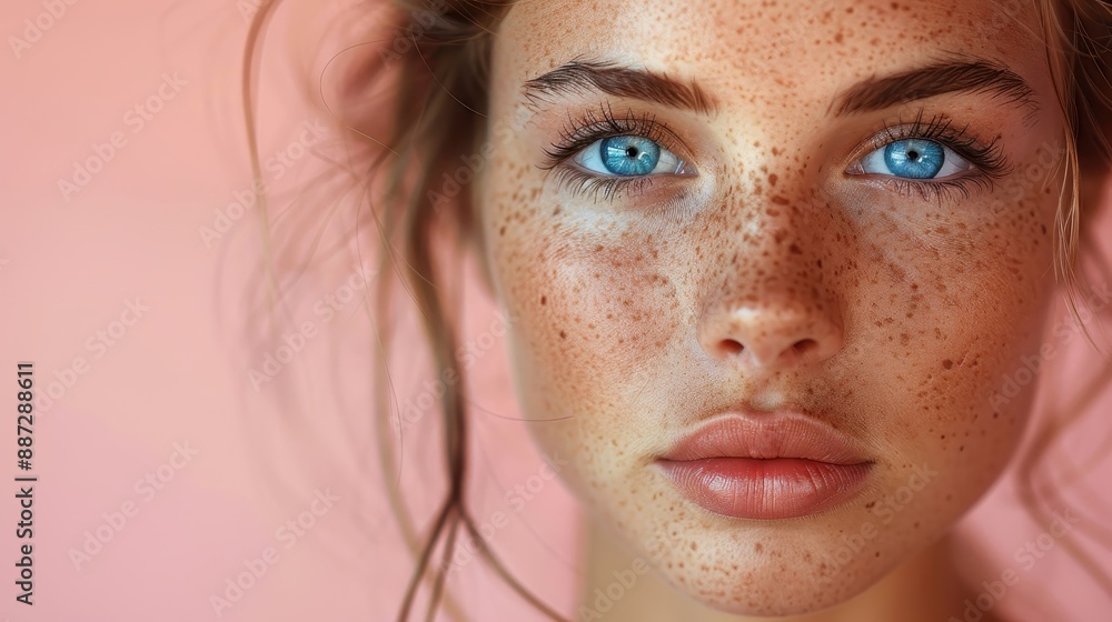 Close-Up Portrait of Beautiful Young Woman with Blue Eyes and Freckles, Looking at Camera, Isolated on Pastel Pink Background, High Resolution, Detailed Skin Tone, Natural Light
Close-Up Portrait of Beautiful Young Woman with Blue Eyes and Freckles, Looking at Camera, Isolated on Pastel Pink Background, High Resolution, Detailed Skin Tone, Natural Light