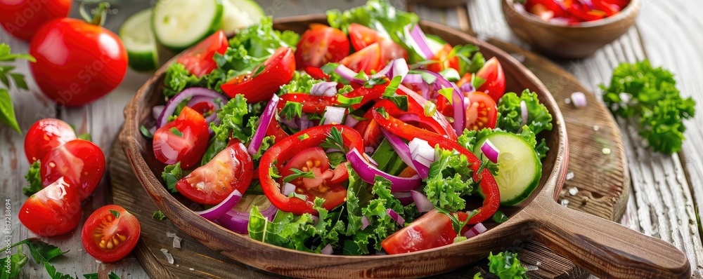Fresh vegetable salad with tomatoes, cucumbers, red onions and kale in a wooden bowl, a healthy and colorful meal on a rustic table. Fresh vegetable salad with tomatoes, cucumbers, red onions and kale in a wooden bowl, a healthy and colorful meal on a rustic table.