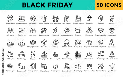 Black Friday icon set with shop and save, checkout counter, red tag sale, online shopping, shop responsibly, door crashers, electronic gadgets, shopaholic, shop local icon. Simple line vector