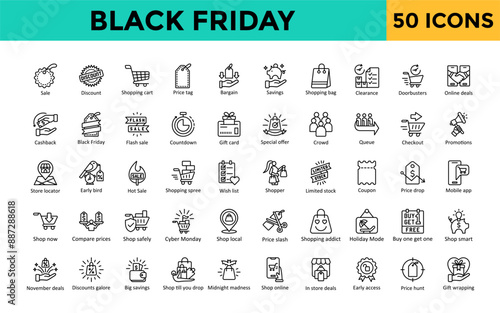 Black Friday icon set with sale, discount, shopping cart, price tag, bargain, savings, shopping bag, clearance, doorbusters, online deals icon. Simple line vector