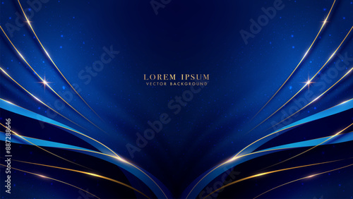 Blue luxury background with golden line curve decoration, and glitter light effect elements