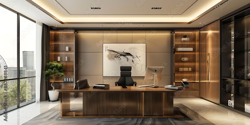 Modern Office Interior Design with Wooden Desk and City View 3D Illustration Modern Office Interior Design with Wooden Desk and City View 3D Illustration