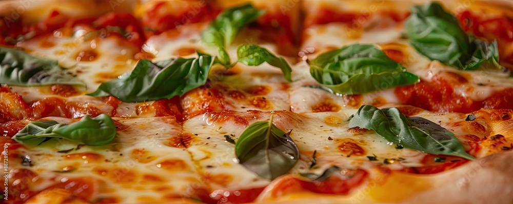 Close-up of a delicious margherita pizza with fresh basil leaves, melted mozzarella cheese, and a crispy crust, perfect for food themes. Close-up of a delicious margherita pizza with fresh basil leaves, melted mozzarella cheese, and a crispy crust, perfect for food themes.