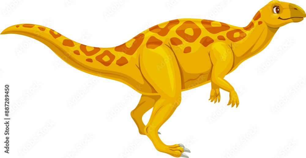 Obraz premium Cartoon camptosaurus dinosaur character, prehistoric lizard animal vector personage. Jurassic period forest dino reptile with funny spots and long tail. Extinct herbivore dinosaur animal character