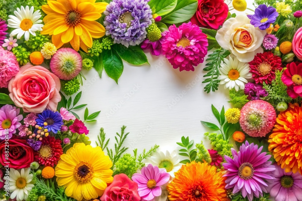 Vibrant summer floral background with bright blooming flowers, lush greenery, and elegant borders, perfect for design templates, invitations, and greeting cards on a crisp white backdrop. Vibrant summer floral background with bright blooming flowers, lush greenery, and elegant borders, perfect for design templates, invitations, and greeting cards on a crisp white backdrop.