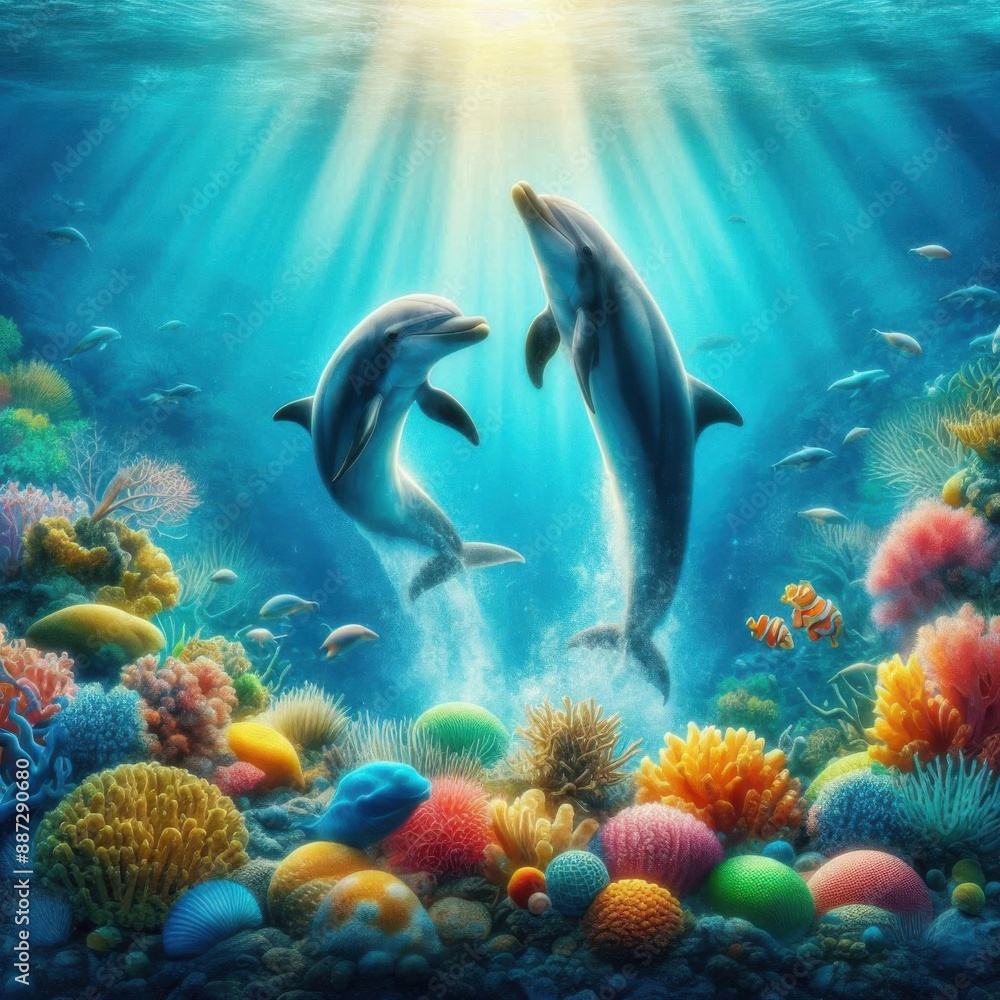 Fototapeta premium two dolphins playing in the sea