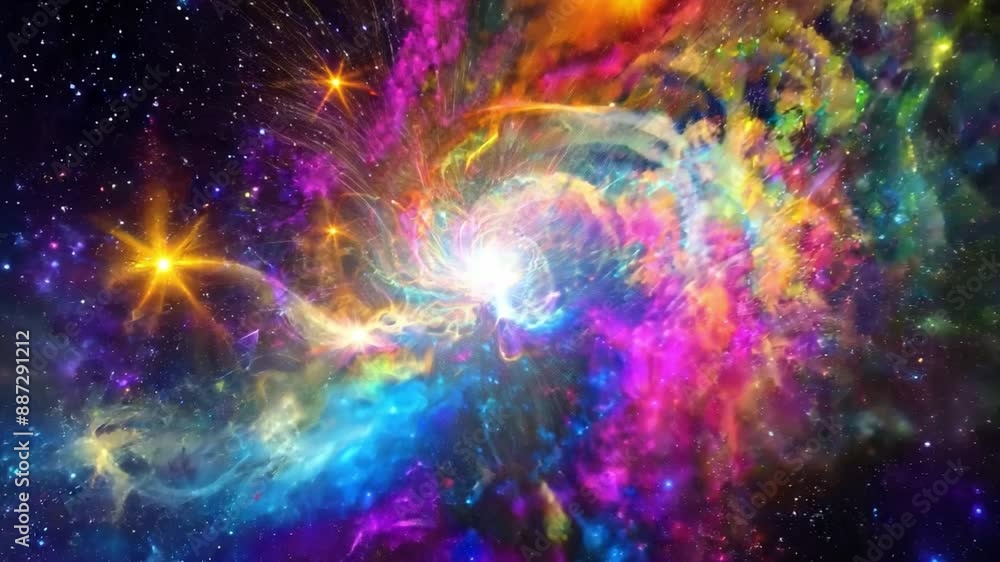 A colorful nebula swirls in space, with bright stars and clouds of gas and dust illuminating the darkness. A colorful nebula swirls in space, with bright stars and clouds of gas and dust illuminating the darkness.