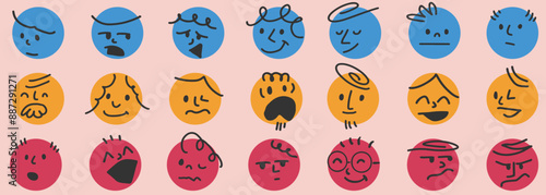 Abstract, facial images, various emotions, retro colors, fun, illustrations, vectors
