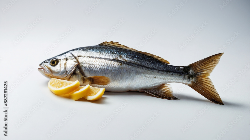 fresh fish with lemon slices on white background fresh fish with lemon slices on white background