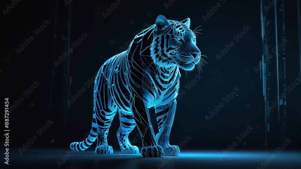 Futuristic Tiger Design: An artistic 3D rendering of a tiger, composed of a detailed wireframe pattern and illuminated by a vibrant blue glow, creating a mesmerizing and modern visual.