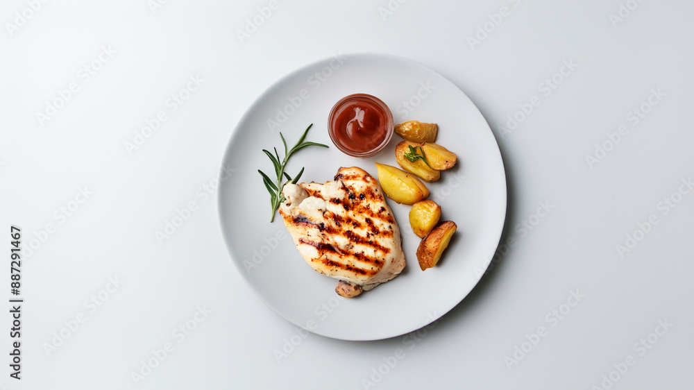  Grilled chicken breast with roasted potatoes and ketchup on a white ceramic plate, healthy meal on a white background